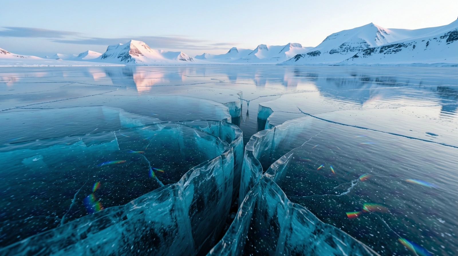 The silent expanse of a frozen arctic lake at dawn